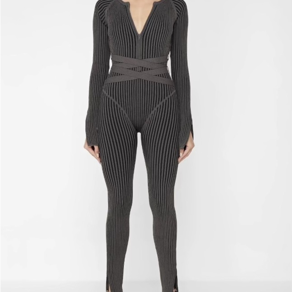 Maniere De Voir knitted two tone jumpsuit with belt